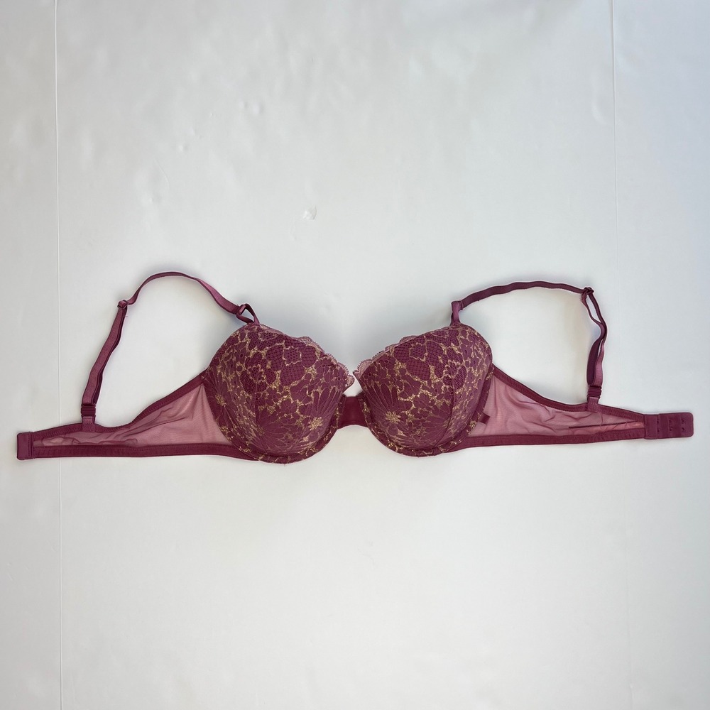 Victoria's Secret Lined Demi Bra 38B Plum Purple Gold Metallic Floral Lace Mesh - Picture 10 of 11